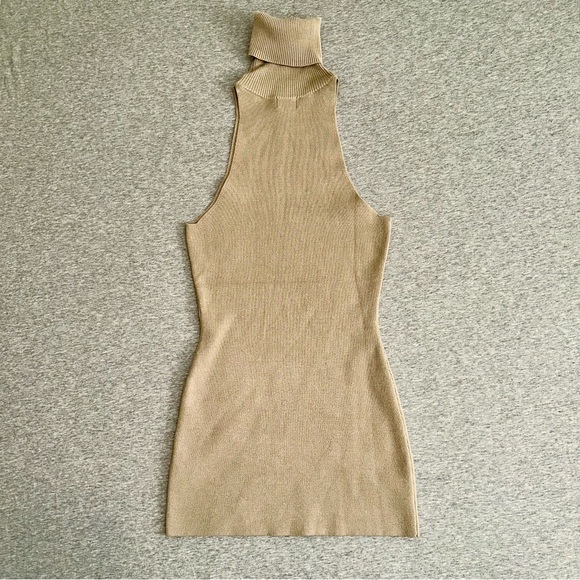 MESHKI Sia Beige Ribbed Knit Halter Mini Dress Turtleneck Oatmeal Size Small S - Picture 3 of 8